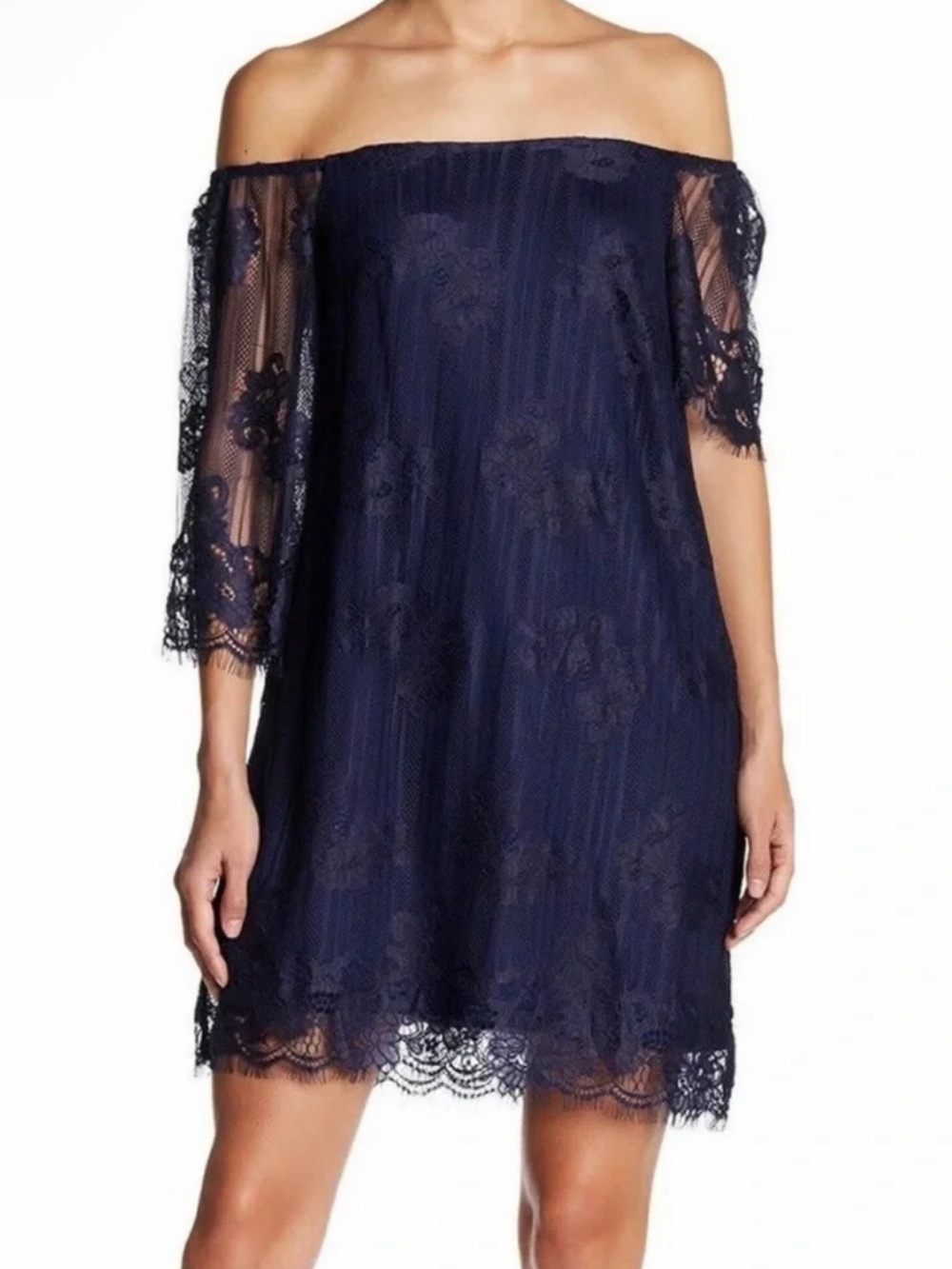 Collective Concepts Off-the-Shoulder Navy Lace Dress Size M